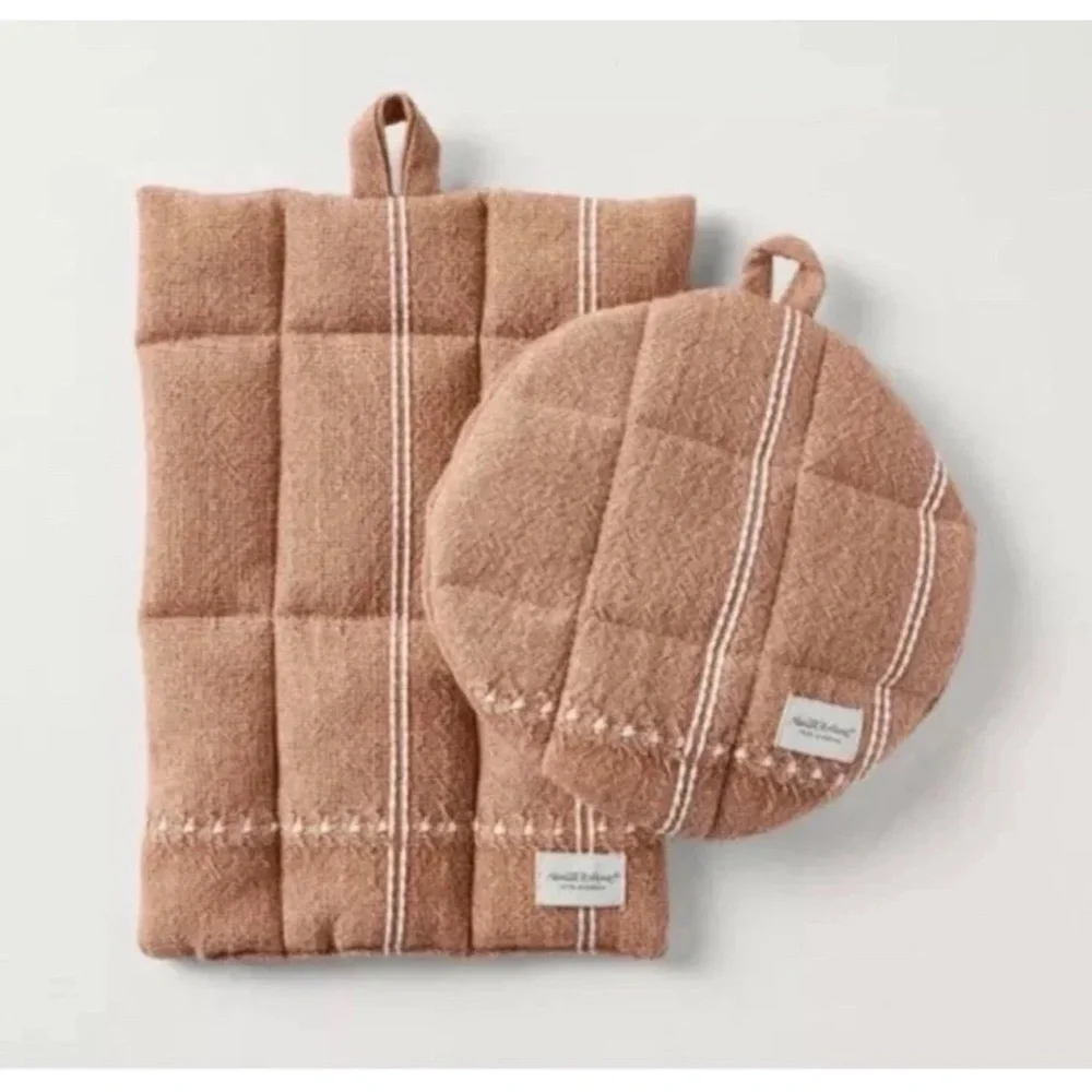 Hearth & Hand 3 PC SET Striped Pumpkin Brown Orange Oven Mitt & Potholders NEW!